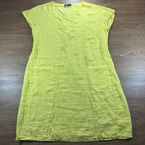 Feminini Women's M Linen Shift Dress Chartreuse Green Cap Sleeve Pockets USA